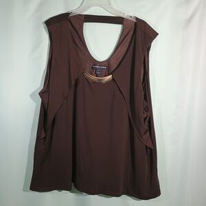 Women's Brown Blouse Metal Neck Detail Cutout Back Flowy Sleeveless Top